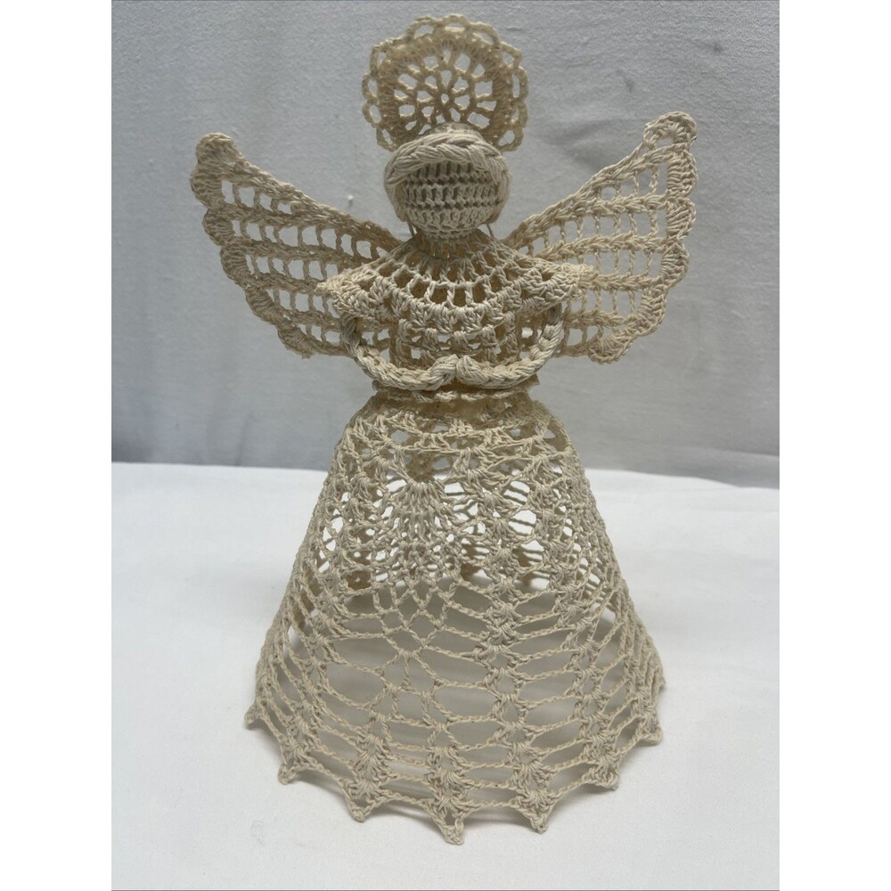 Vintage Handmade Crochet Angel Table Topper Figurine Starched 10" L Cream Color